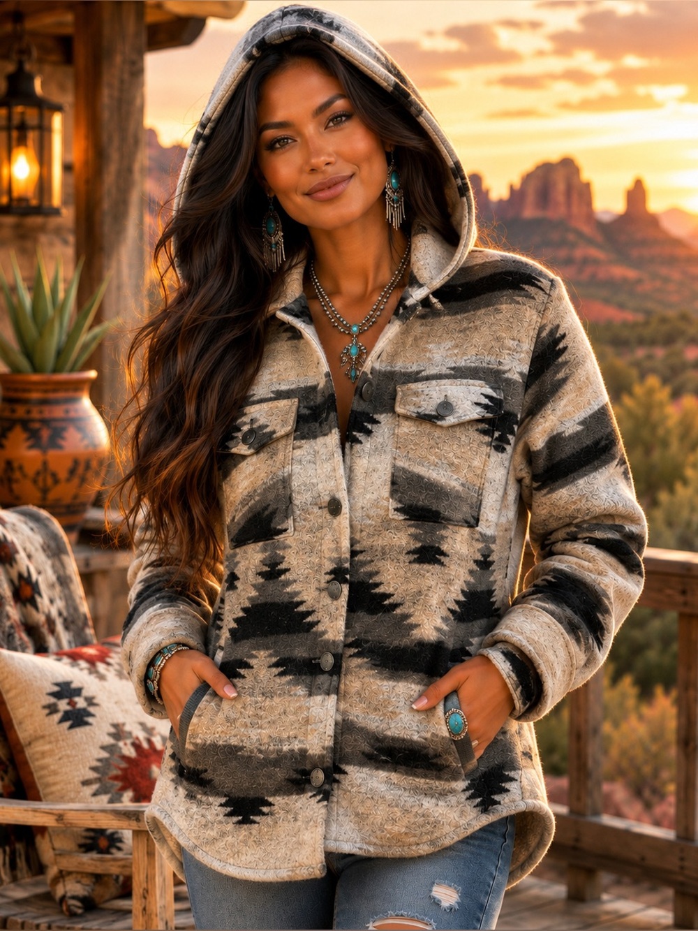 Stoosh Premium Southwestern Hooded Jacket Large Aztec Wool Blend